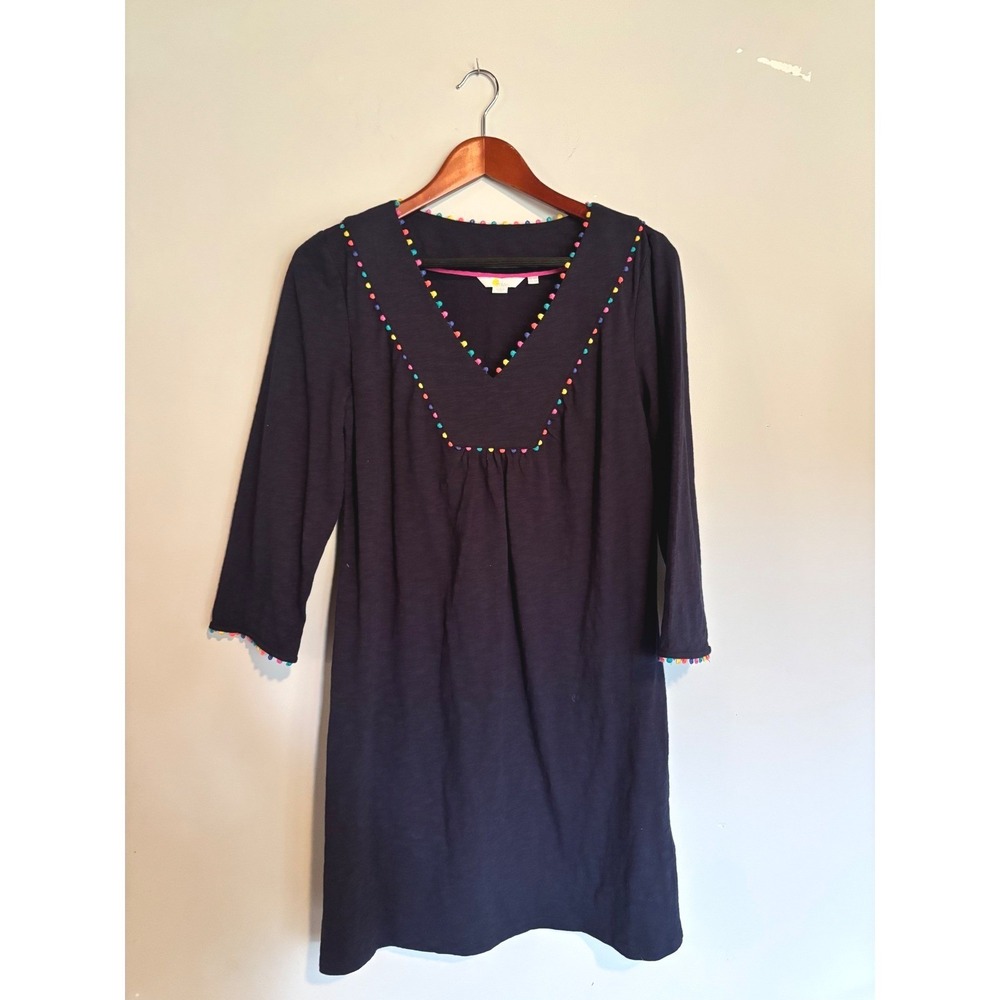 Boden Navy Pom Trim Shift Dress 8R Cotton Spring Wedding Guest